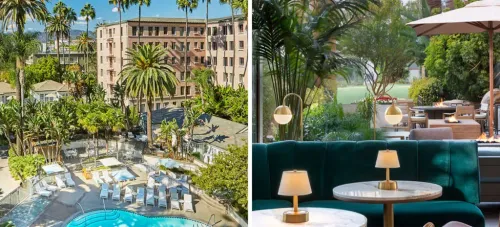 Exterior of the Fairmont Miramar Hotel and pool area (left) and interior sitting area in front of a large floor-to-ceiling window (right)